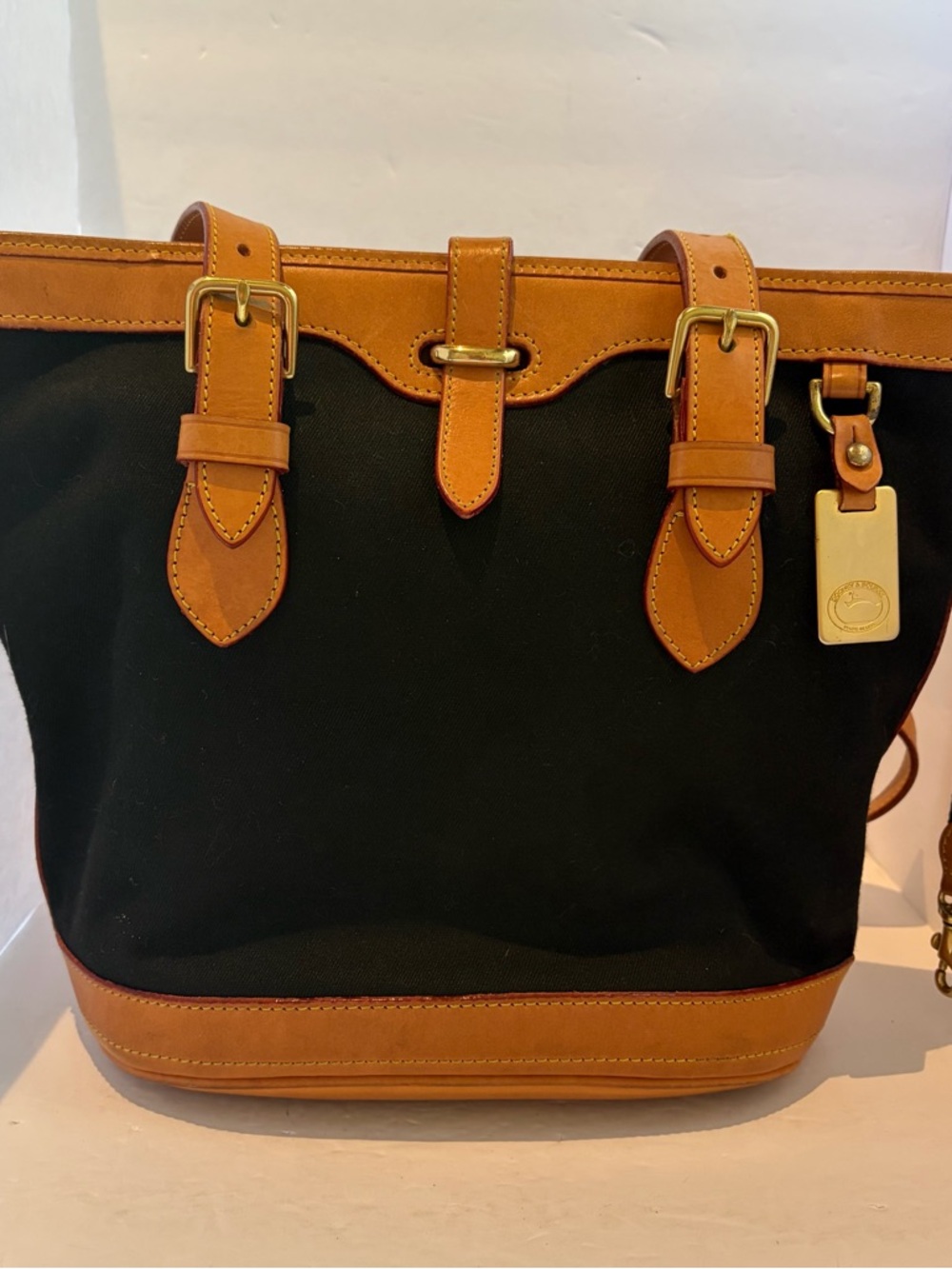 Vintage Dooney & Bourke Cabriolet Tote Bucket Bag Black Canvas Tan Leather